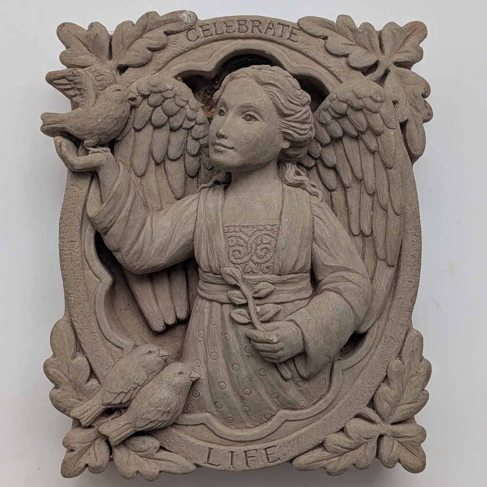 Vintage 2002 Carruth CELEBRATE LIFE Angel & Birds Small Cast Stone Wall Plaque